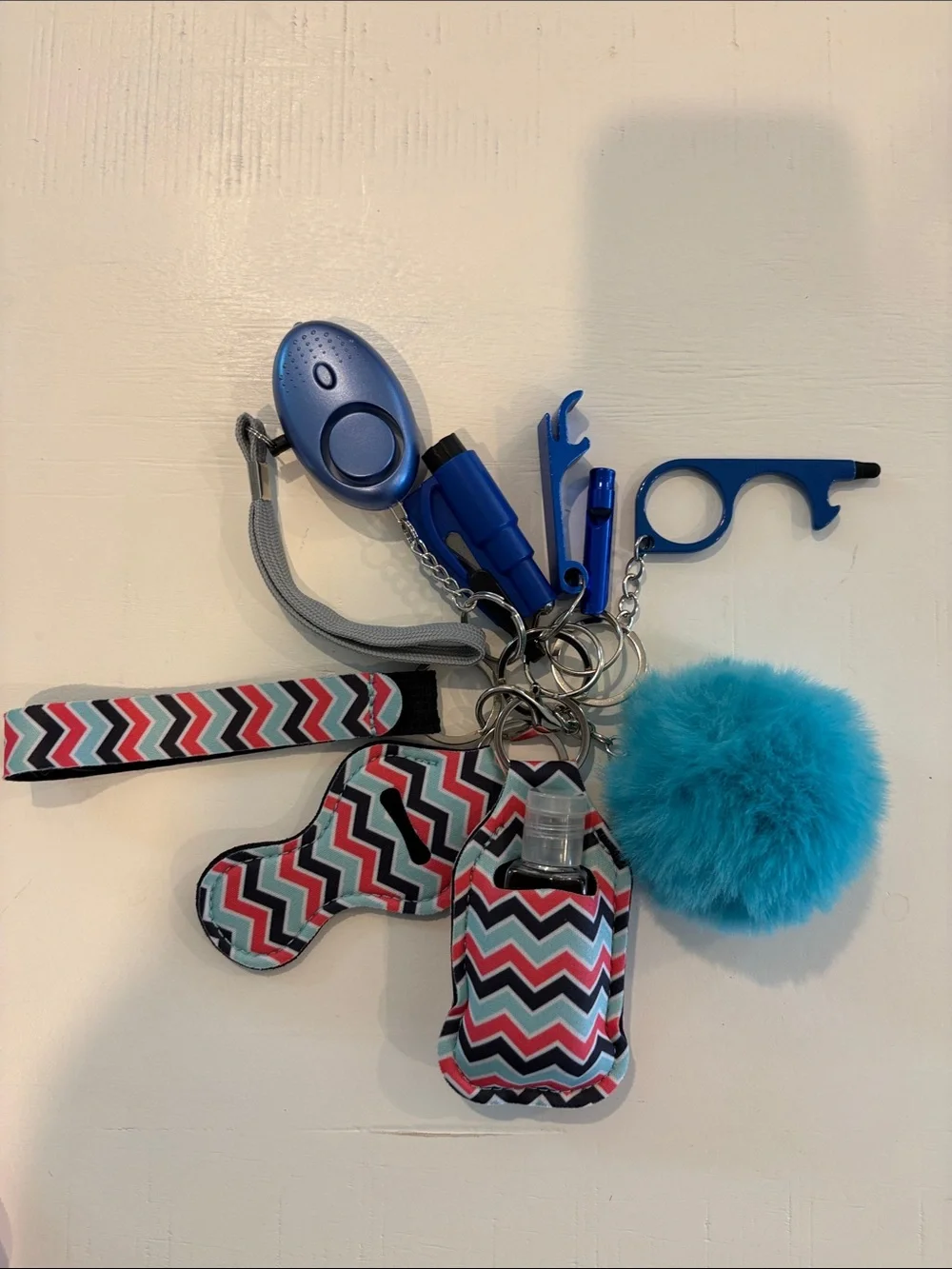Chevron Women Accessory Keychain Safety Set with Blue Pom-Pom